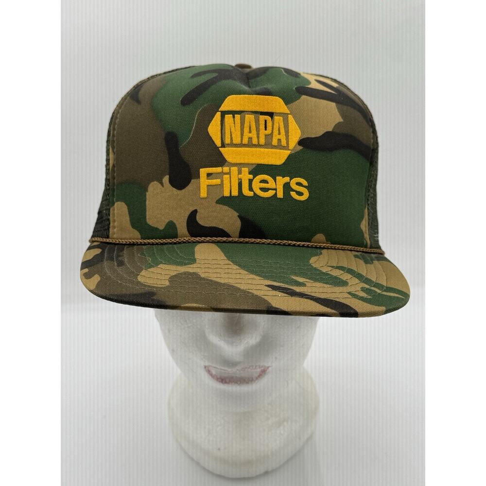 Vintage NAPA Filters Camo Trucker Hat Snapback Mesh Cap USA Auto Parts Promo